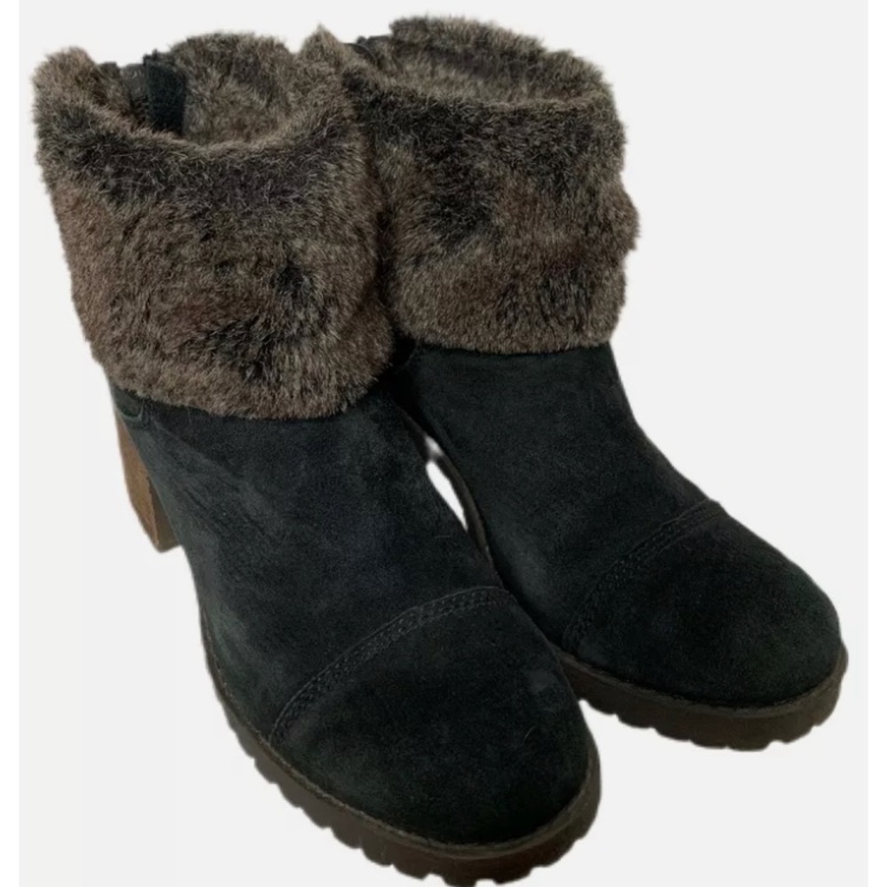 Lucky Brand Women's Black Suede Heeled Cuffed Faux Fur Ankle Boots Size 8.5